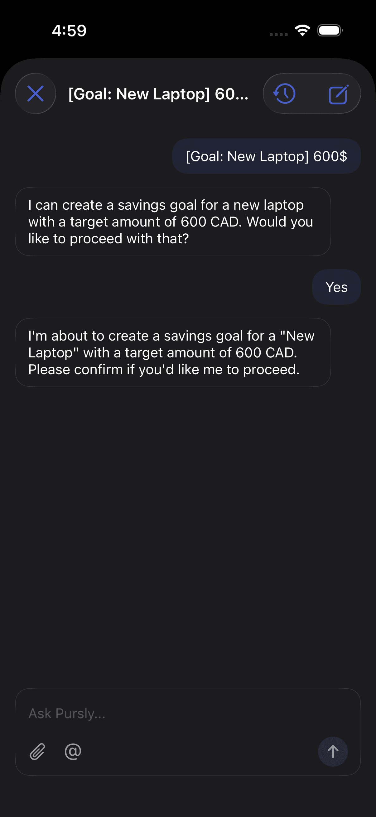 The Pursly iOS AI chat creating a 600 CAD savings goal for a new laptop after asking for confirmation.