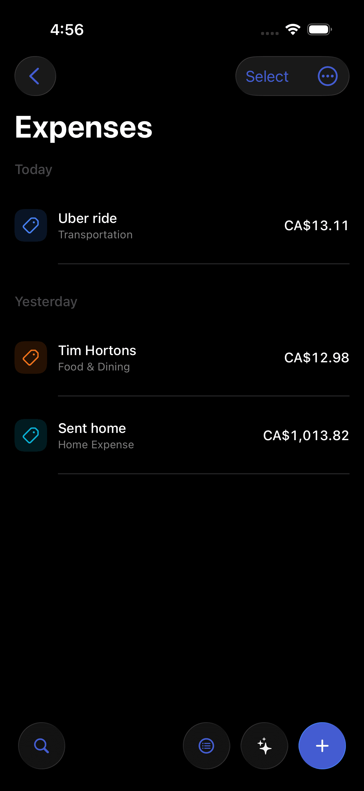The Pursly iOS quick-add screen with fields for amount, title, and category.
