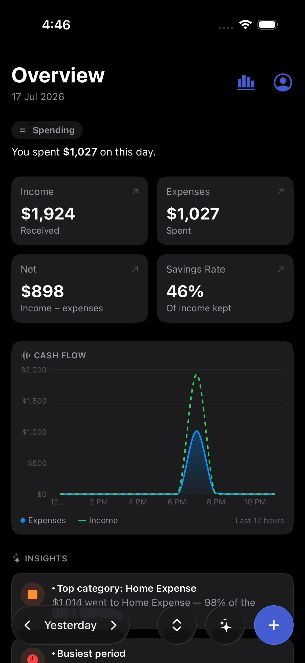 The Pursly iOS home screen showing a running list of recent expenses with running income, expense, and net totals.