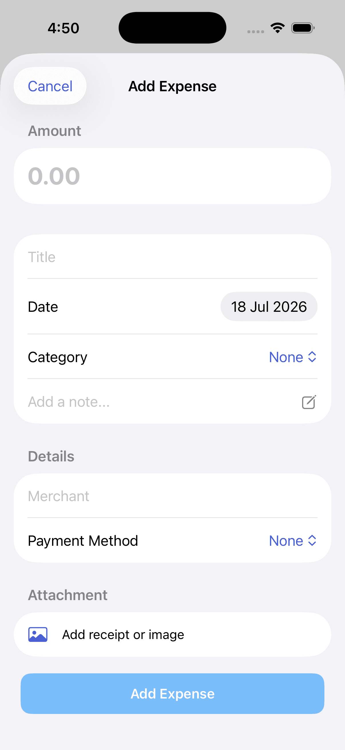 The Pursly iOS quick-add screen for logging a new expense.