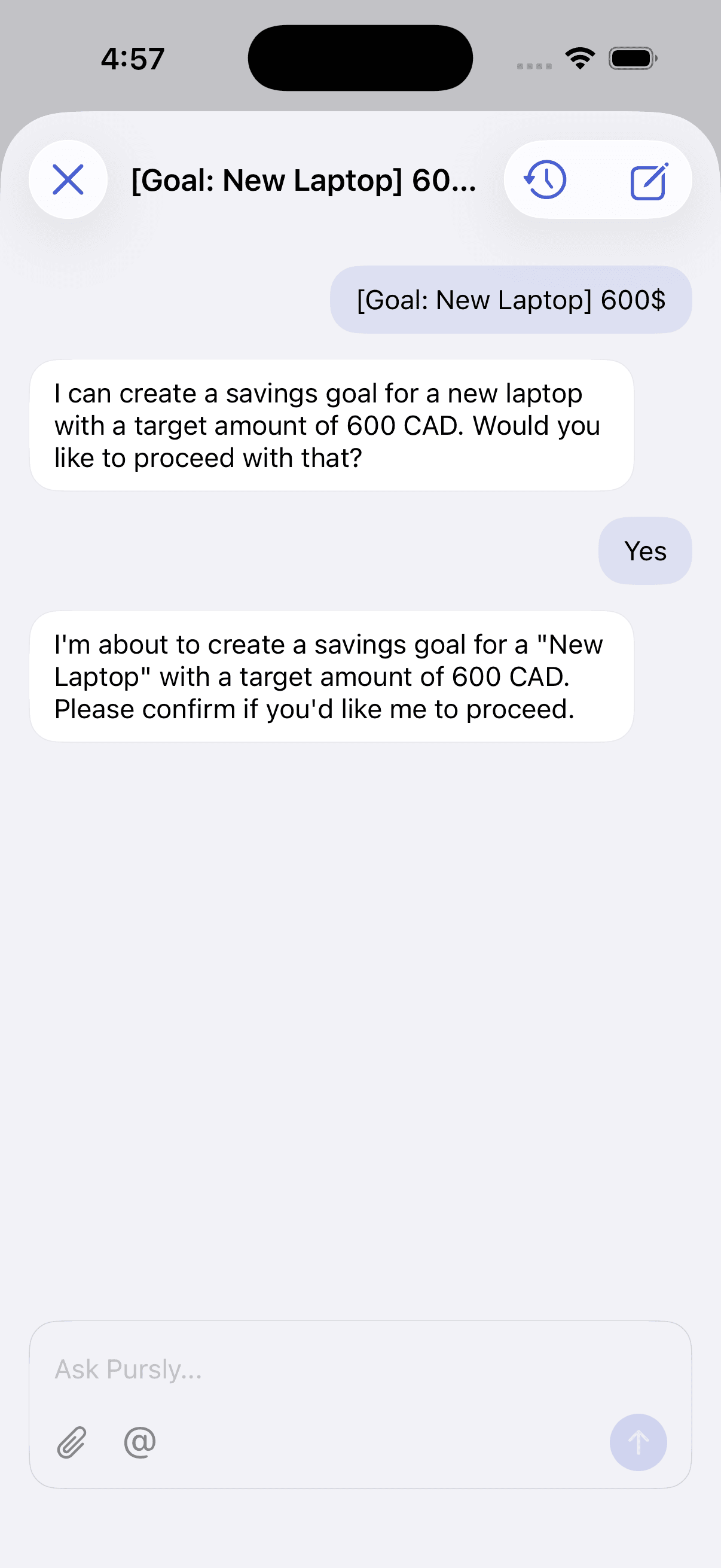 The Pursly iOS AI chat creating a 600 CAD savings goal for a new laptop after asking for confirmation.
