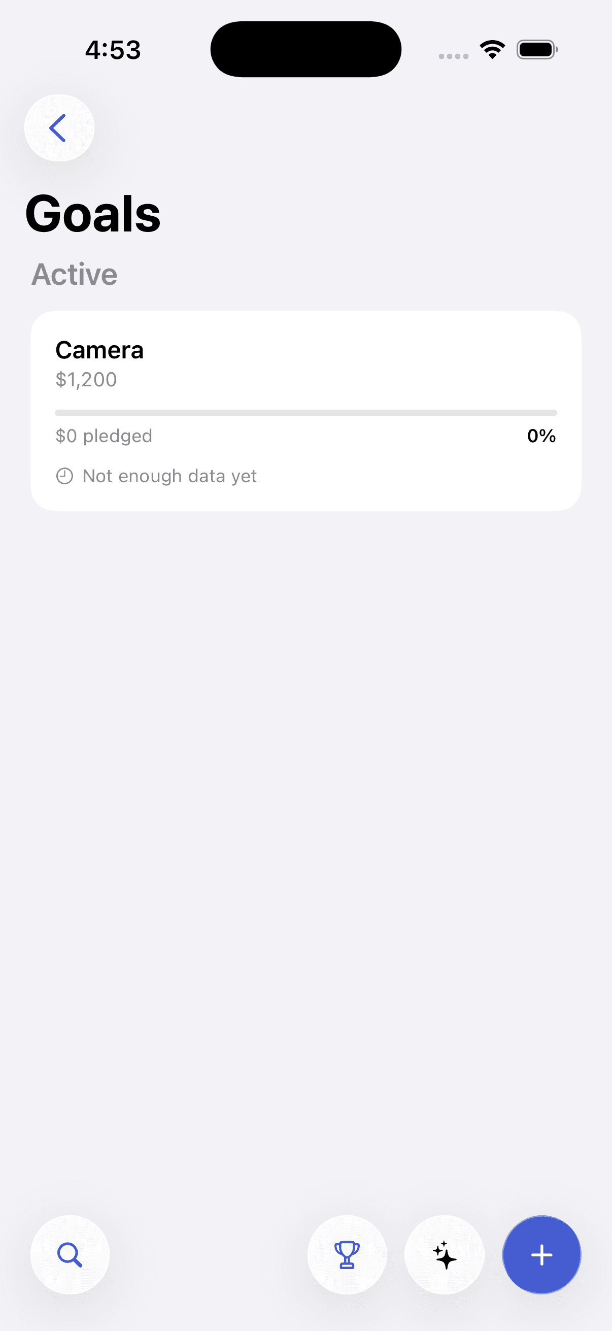The Pursly iOS goals screen showing progress toward an active savings pledge.